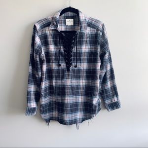 Distressed Lace Up Flannel Shirt